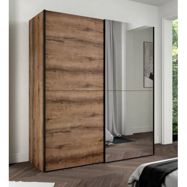 MEUBLETMOI Armoire 2 Portes Coulissantes 5 Tablettes Décor Chêne Miroir - Jeik