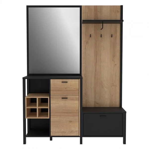 MEUBLETMOI Meuble D'entrée Avec Miroir Et Rangements Décor Bois Et Noir - Mode