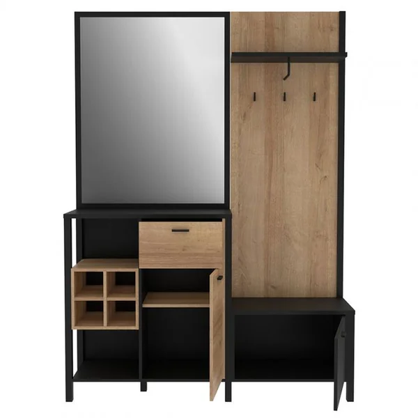 MEUBLETMOI Meuble D'entrée Avec Miroir Et Rangements Décor Bois Et Noir - Mode