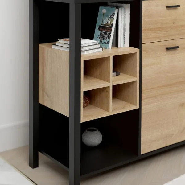 MEUBLETMOI Meuble D'entrée Avec Miroir Et Rangements Décor Bois Et Noir - Mode