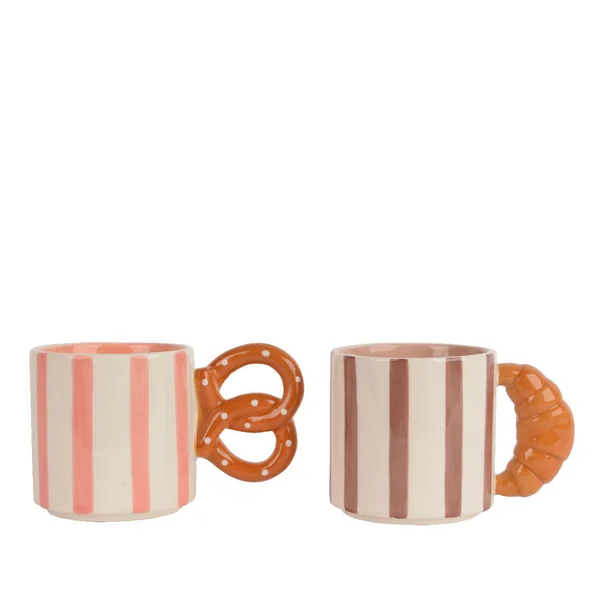 Mug en dolomite rayé avec anse viennoiserie - 13,6 x 8,8 x 10,2 cm