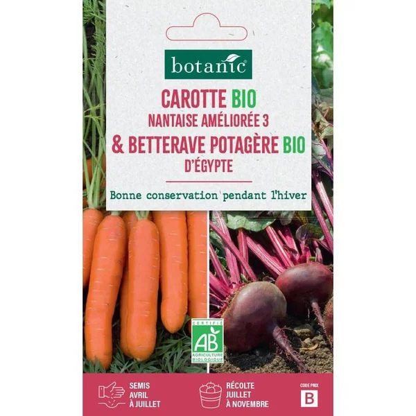 Mélange de graines carotte nantaise ameliorée bio et de betterave potagère d'Égypte bio botanic® - graines à semer