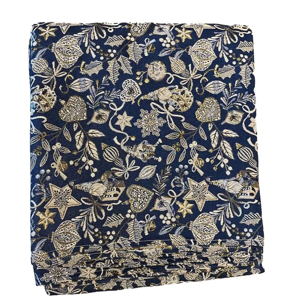 Nappe rectangulaire bleu Paon à motifs blancs en PE/coton Boréal - 150 x 300 cm