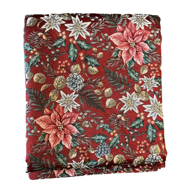Nappe rouge en PE/coton à motifs roses, blancs et verts Poinsettia - 150 x 300 cm