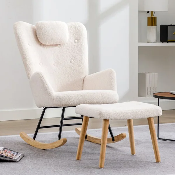 OKWISH Fauteuil à Bascule Blanc Confortable, Fauteuil à Bascule En Peluche Avec Appui-tête Et Repose-pieds