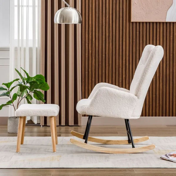 OKWISH Fauteuil à Bascule Blanc Confortable, Fauteuil à Bascule En Peluche Avec Appui-tête Et Repose-pieds