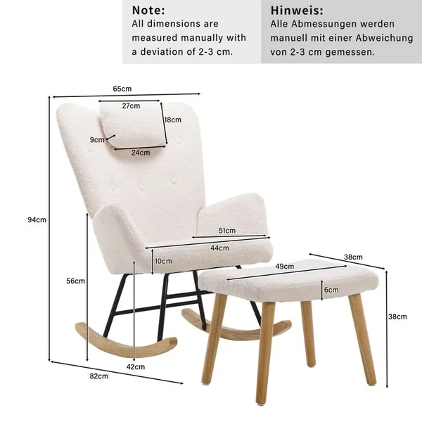 OKWISH Fauteuil à Bascule Blanc Confortable, Fauteuil à Bascule En Peluche Avec Appui-tête Et Repose-pieds