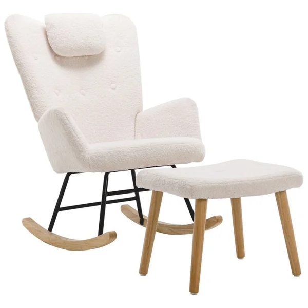 OKWISH Fauteuil à Bascule Blanc Confortable, Fauteuil à Bascule En Peluche Avec Appui-tête Et Repose-pieds