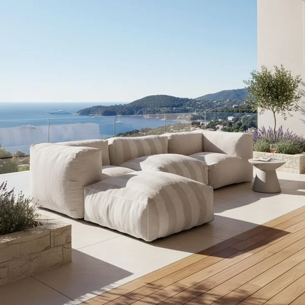 OVIALA Canapé D'angle Rayé De Jardin Modulable 4 Places Beige Mixi