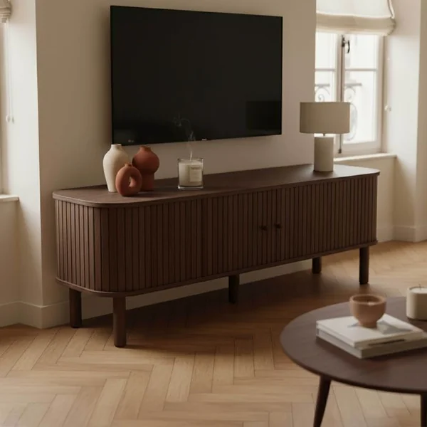 OVIALA Meuble TV Scandinave Rectangulaire 2 Portes L150 Cm Effet Bois Foncé