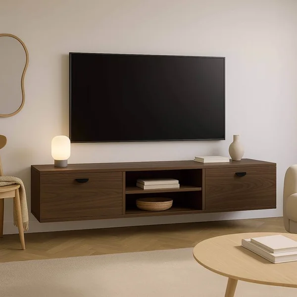 OVIALA Meuble TV Suspendu 160 Cm Industriel Bois Foncé Jessy