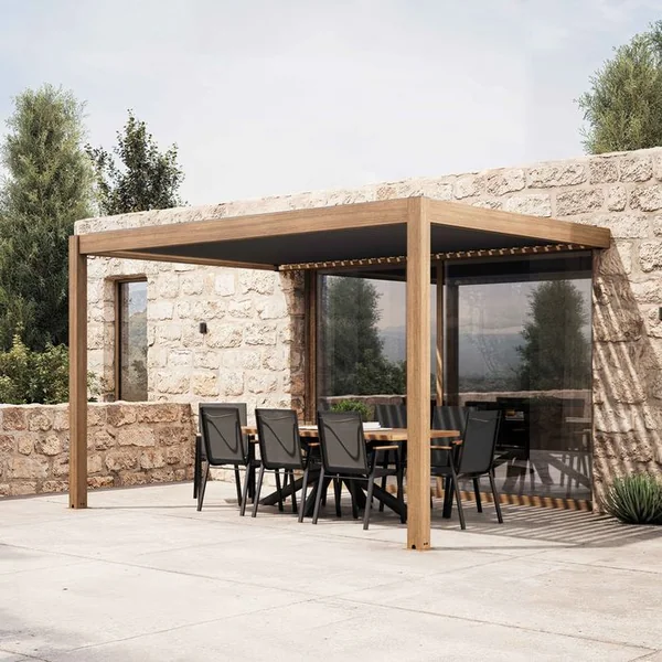 OVIALA Pergola Bioclimatique Adossée Motorisée Et éclairée 3x4m Et 1 Store