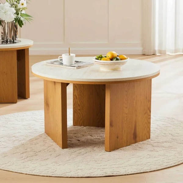 OVIALA Table Basse Effet Bois Ronde Diam 80 Cm Bois Clair Bonny