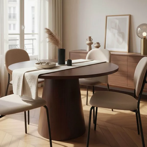 OVIALA Table à Manger Scandinave Ronde 120 Cm Effet Bois Foncé Noelie