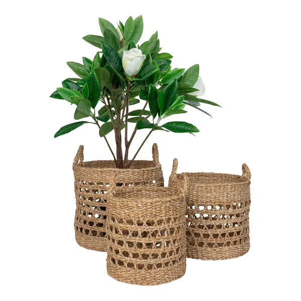 Panier cache-pot rond avec poignées, tressage ajouré (lot de 3)