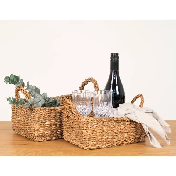 Panier de rangement rectangulaire en jonc de mer avec poignées (lot de 2)