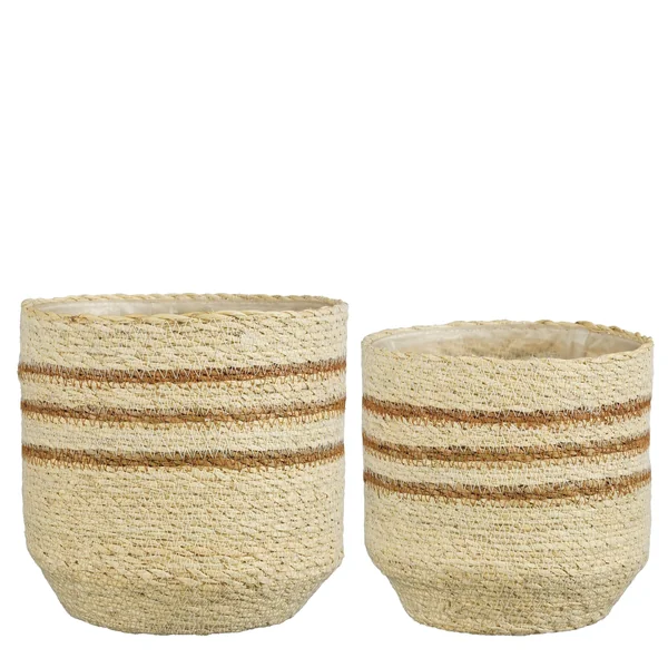 Panier rond en zostère coloris blanc rayé marron Lena - Ø 20 x H 20 cm