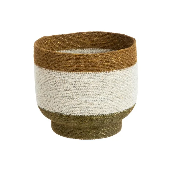 Panière ronde à base rétrécie en osier blanc bordé de marron - Ø 28 x H 25 cm