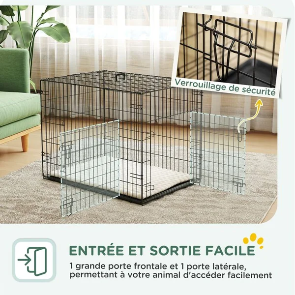 PAWHUT Cage Chien Pliable 2 Portes Plateau Coussin Beige Noir