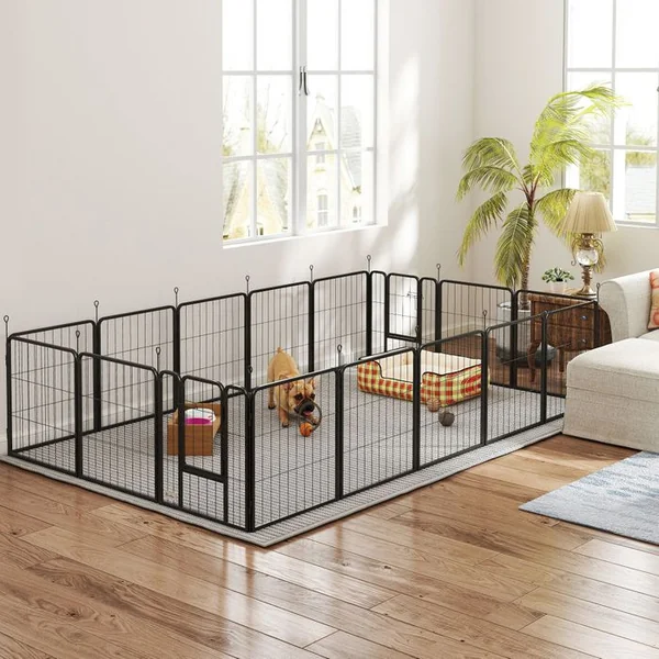PAWHUT Parc Enclos Chien 16 Panneaux Modulables Porte Acier époxy Noir