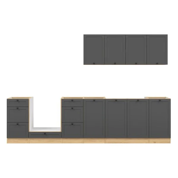 PEGANE Cuisine Complète 300 Cm, Meuble De Cuisine coloris gris graphite/chêne, Plan De Travail Non Inclus
