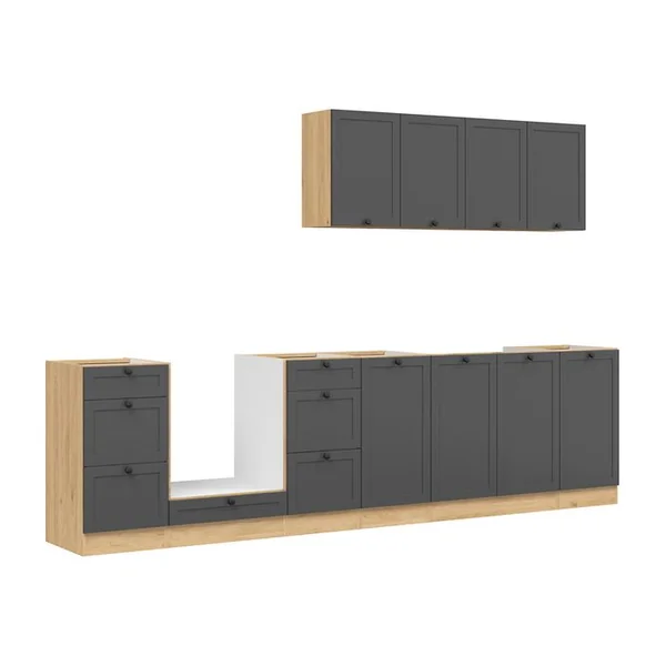 PEGANE Cuisine Complète 300 Cm, Meuble De Cuisine coloris gris graphite/chêne, Plan De Travail Non Inclus