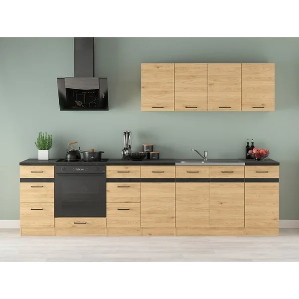 PEGANE Cuisine Complète 300 Cm,Meuble De Cuisine coloris chêne bernstien, Plan De Travail Non Inclus