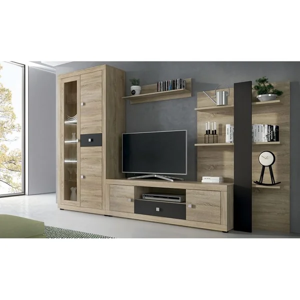 PEGANE Ensemble De Salon Meuble TV +1 Étagère Murale + Armoire Avec Éclairage LED + Bibliothèque