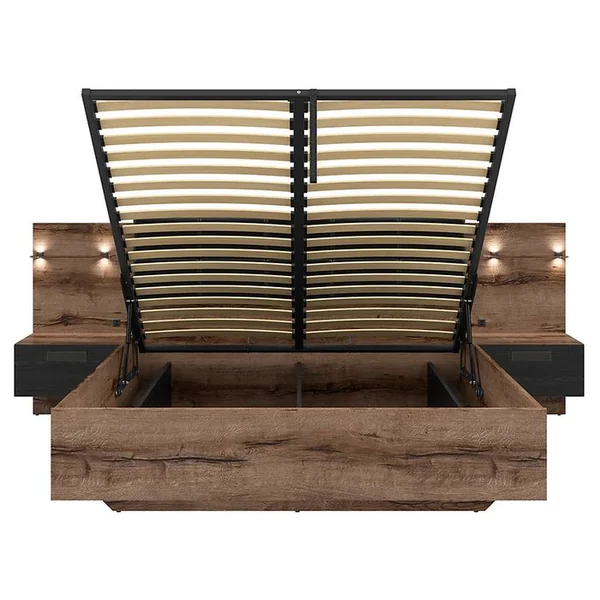PEGANE Lit Coffre 180x200 + 2 Tables De Chevet Avec Éclairage LED Avec Sommier Et Rangement