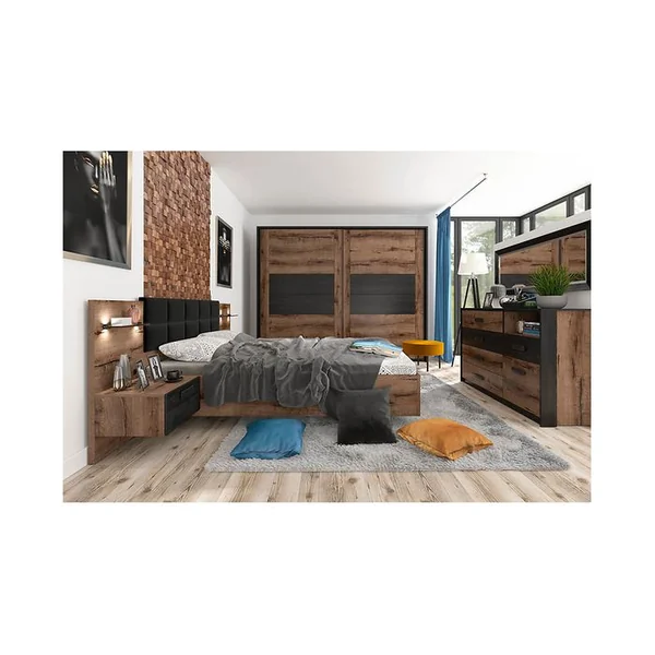 PEGANE Lit Coffre 180x200 + 2 Tables De Chevet Avec Éclairage LED Avec Sommier Et Rangement