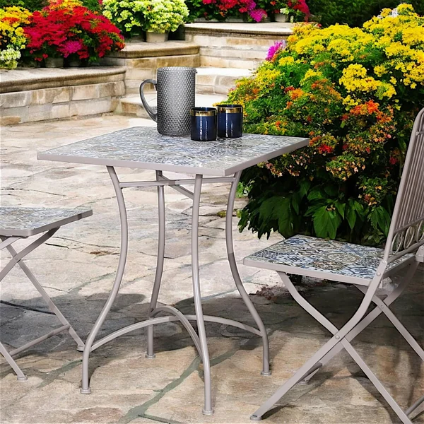 Petite table de jardin carreaux de ciment bleu et taupe 58 cm GRENADE