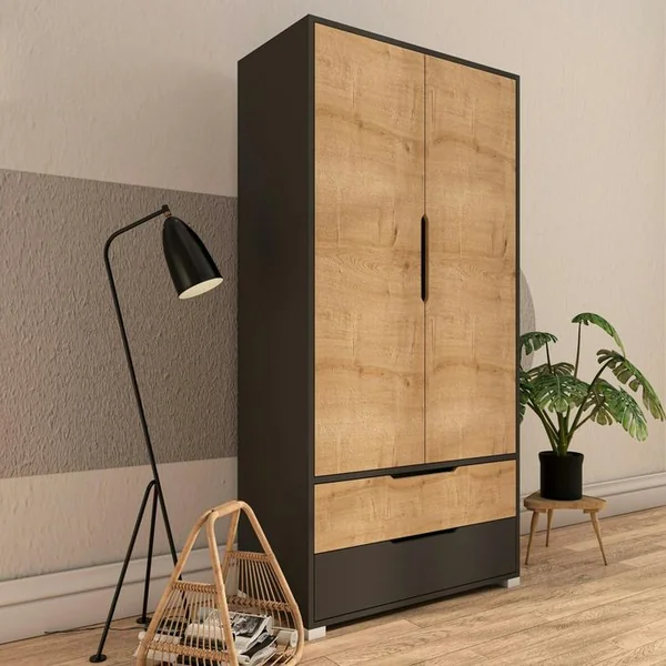 PIER IMPORT Armoire Penderie 2 Portes Effet Bois Et Anthracite Byron