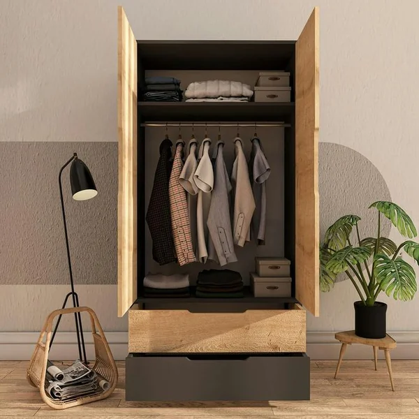PIER IMPORT Armoire Penderie 2 Portes Effet Bois Et Anthracite Byron