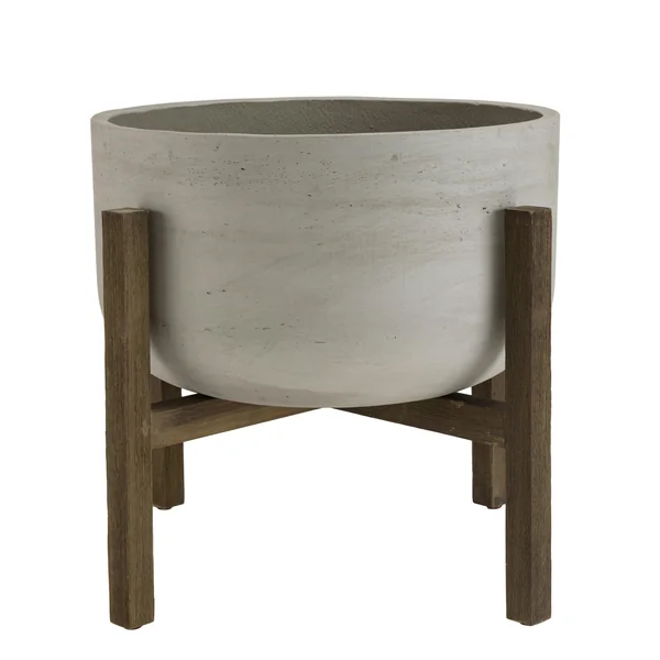 Pot de fleurs rond en béton pieds acacia D53 cm HERCULE
