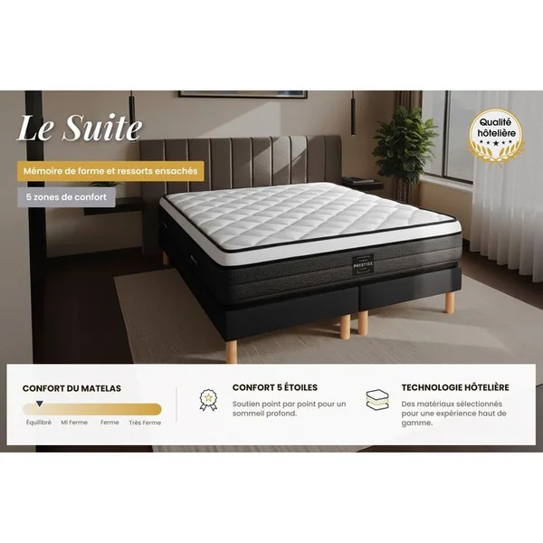 PRESTIGE LITERIE Ensemble Matelas Ressorts Ensachés Et Mémoire De Forme 160x200 Suite Ep:26cm - Sommier Blanc