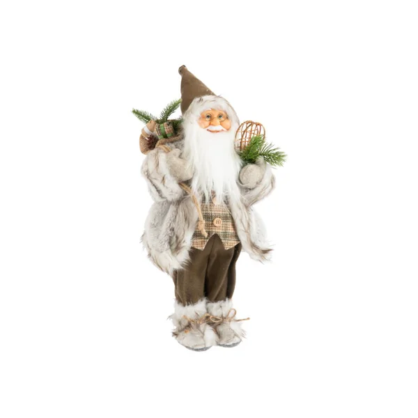 Père Noël trappeur beige, marron et vert avec hotte et raquettes - 46 cm