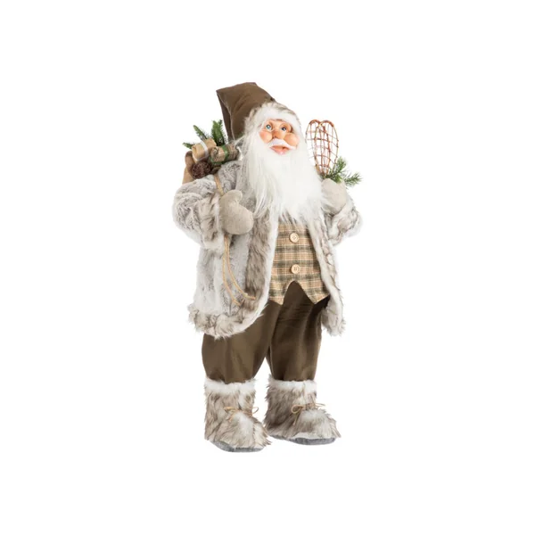 Père Noël trappeur beige, marron et vert avec hotte et raquettes - 80 cm