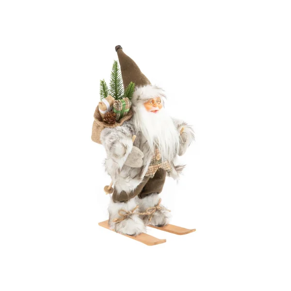 Père Noël trappeur à ski beige, marron et vert avec hotte - 30 cm