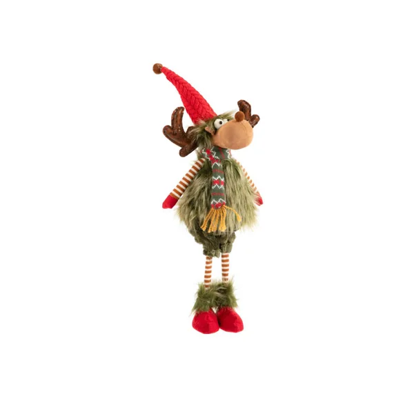 Renne debout avec fourrure verte et bonnet rouge grand modèle - 65 cm