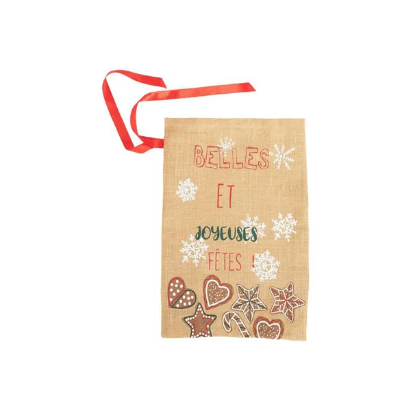 Sac cadeau en jute décor fêtes rouge et vert - 40 x 60 cm
