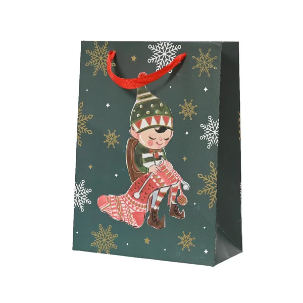 Sac cadeau en papier métallisé vert décor elfe petit modèle - 8 x 18 x 24 cm
