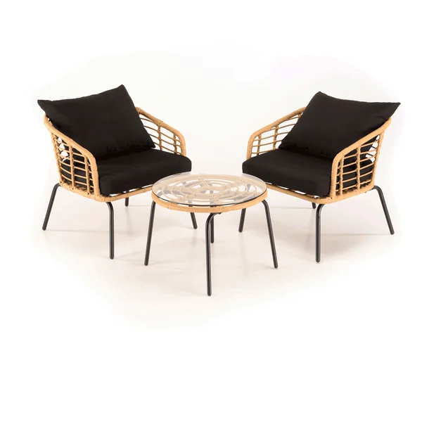 Salon de jardin détente 2 fauteuils 1 table basse rotin synthétique et coussins GIJON