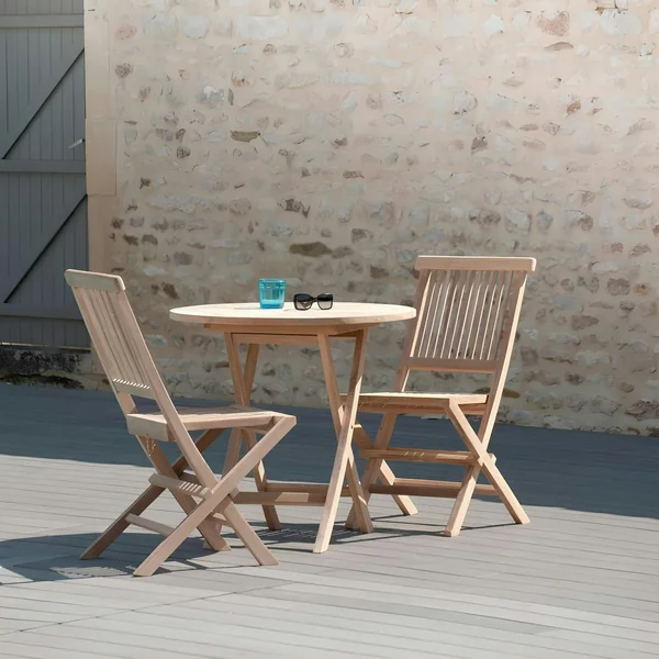 Salon de jardin en teck brut Table ronde pliante 80cm 2 chaises SUMMER