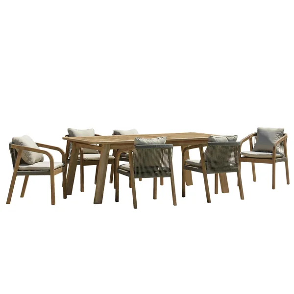 Salon de jardin table acacia et 6 fauteuils cordage vert avec coussins BAHIA