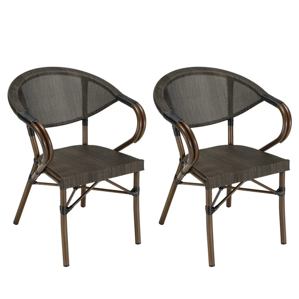 Salon de jardin table ronde noire D70 cm + 2 fauteuils bistrot tissu marron GIJON