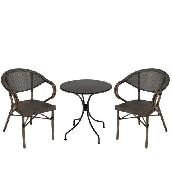 Salon de jardin table ronde noire D70 cm + 2 fauteuils bistrot tissu marron GIJON
