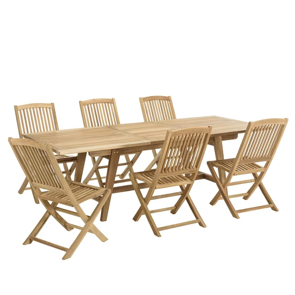 Salon de jardin teck brut table pieds tréteaux 180/240 + 6 chaises bord arrondi SUMMER