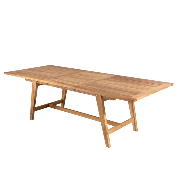 Salon de jardin teck brut table pieds tréteaux 180/240 + 6 chaises bord arrondi SUMMER