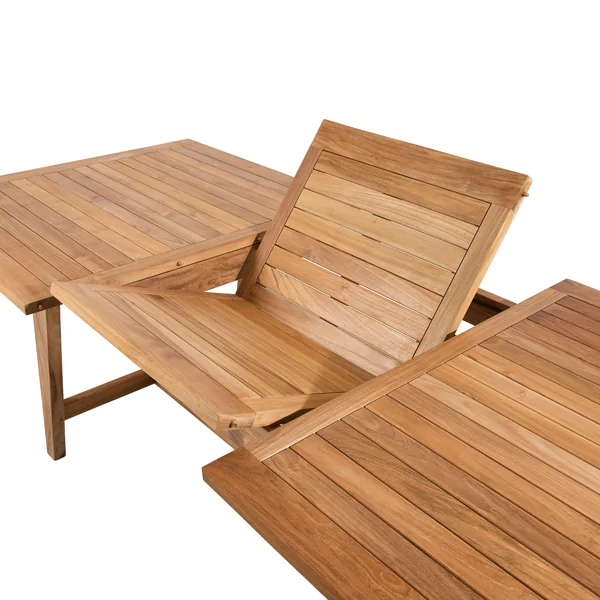 Salon de jardin teck brut table pieds tréteaux 180/240 + 6 chaises bord arrondi SUMMER