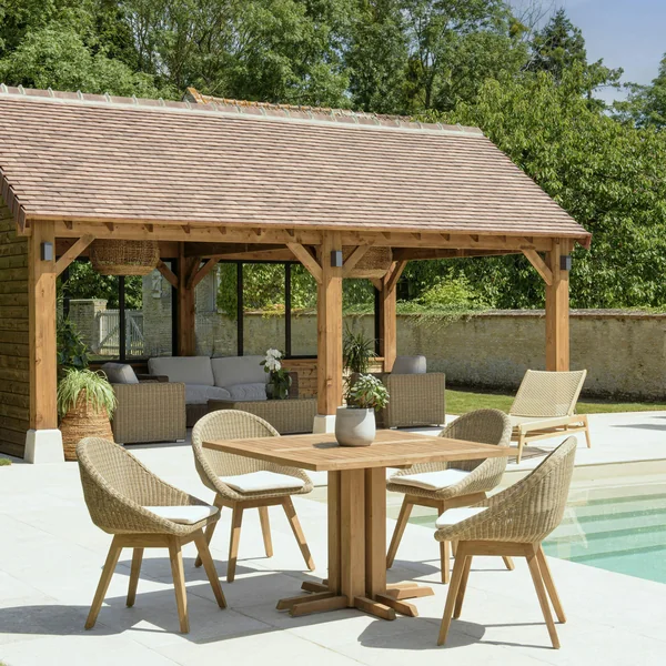 Salon de jardin teck naturel 1 table carrée 110 cm + 4 chaises arrondies résine tressée MANY